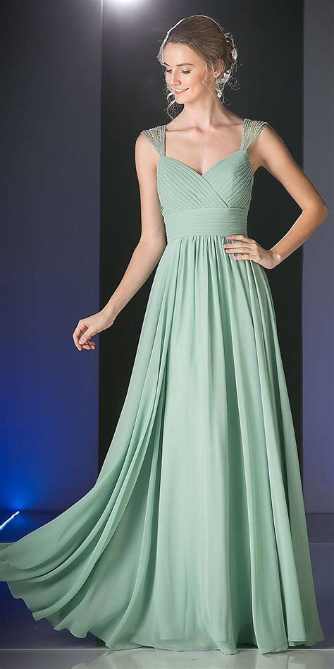 Beaded Cap Sleeves Sweetheart Bridesmaid Dress Sage Green Chiffon