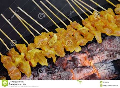 Bbq Chicken Satay On Grill Stock Photo Image Of Flames