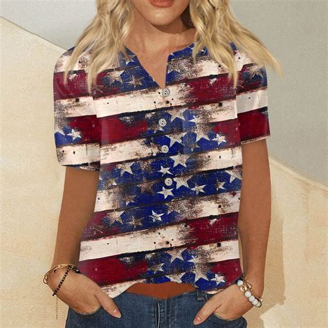 Dengdeng 4th Of July T Shirts Women Plus Size Henley V Neck 2024 Patriotic Independence Day Top