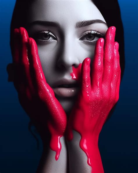 Premium Ai Image A Woman With Red Gloves On Her Face