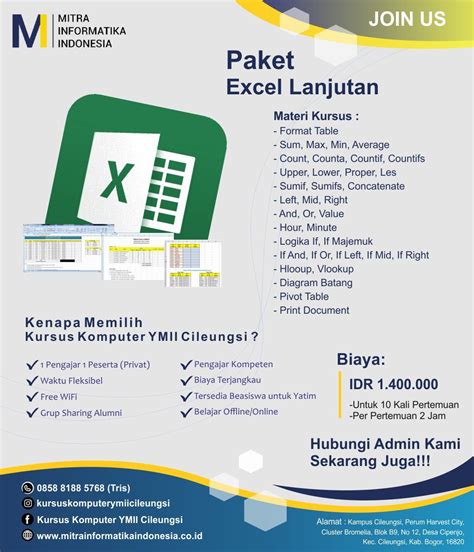 Brosur Dan Daftar Harga Paket Kursus Excell Lanjutan Di Kursus Komputer