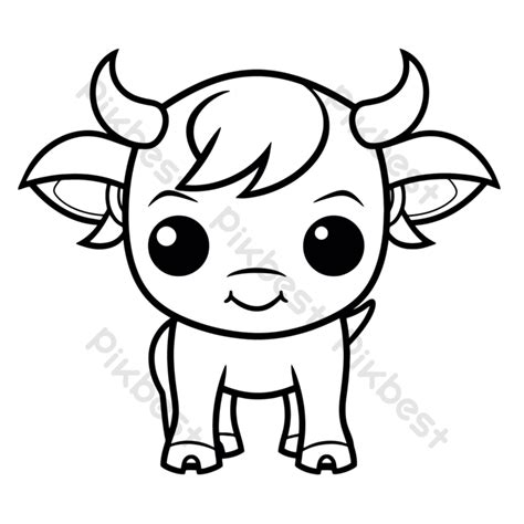 Outline Sketch Cute Baby Goat Cow Coloring Page Drawing Vector PNG ...