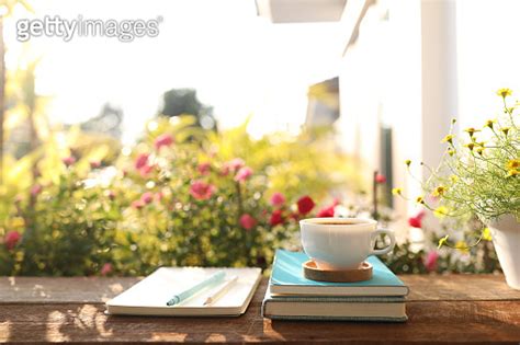 Coffee cup and pot and daisy flower on wooden table outdoor 이미지