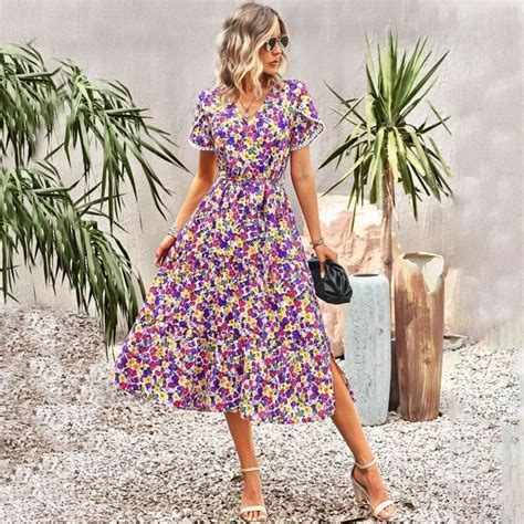 Robe Femme Chic Mode Elegant Ete Boh Me Vacances La Plage Violet