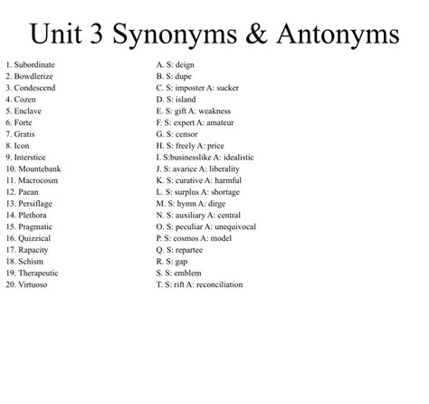 Unit 3 Synonyms & Antonyms Worksheet - WordMint