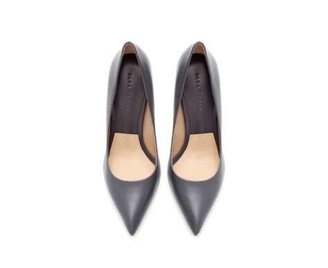 Zara Woman High Heel Leather Court Shoe With Pointed Toe Grey High