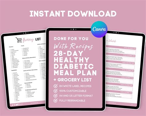 28 Day Diabetic Meal Plan With Shopping List Type 1 Type 2 Diabetes Recipes For Weight Loss Low