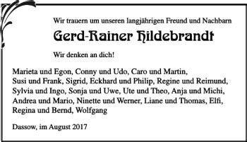 Traueranzeigen Von Gerd Rainer Hildebrandt Trauer Anzeigen De