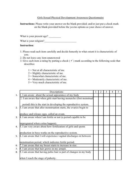 Girls Sexual Physical Development Awareness Questionnaire