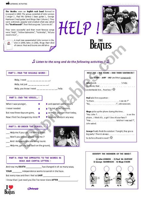 HELP The Beatles ESL Worksheet By Krysstl