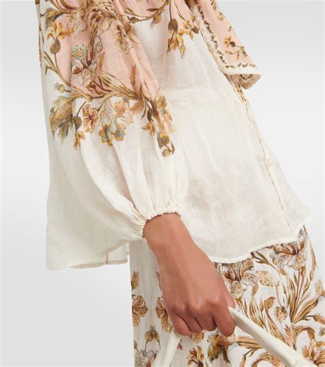 Chintz Floral Tie Neck Ramie Blouse In Multicoloured Zimmermann