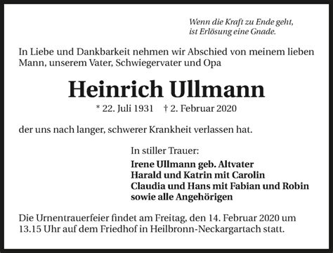 Traueranzeigen Von Heinrich Ullmann Trauerundgedenken De