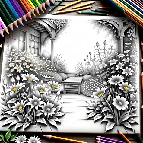 Pencil drawing for coloring featuring a serene garden scene by Al ...