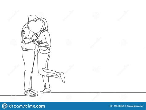 One Single Line Drawing Of Young Happy Couple Man And Woman Kissing And