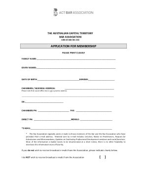 Fillable Online Application Form For Membership Of The ACT Bar