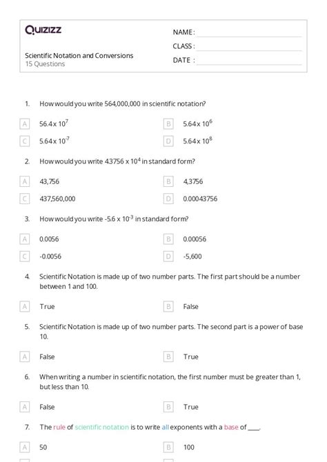 Scientific Notation Worksheets For Th Grade On Quizizz Free