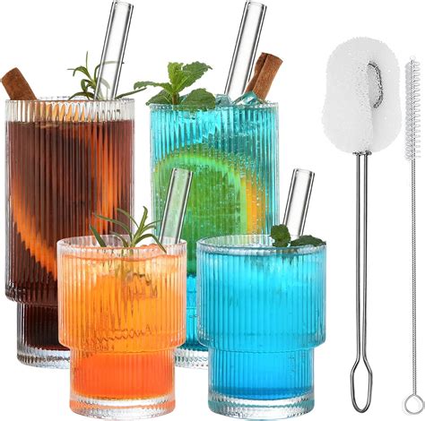 ALINK Ribbed Water Drinking Glasses With Glass Straws 4pcs Set 11 Oz 7