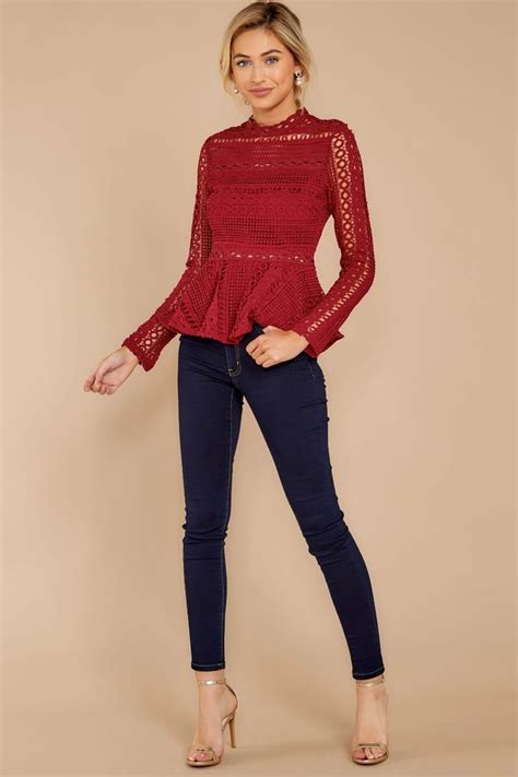 Flattering Red Top Lace Long Sleeve Peplum Blouse Top 6800