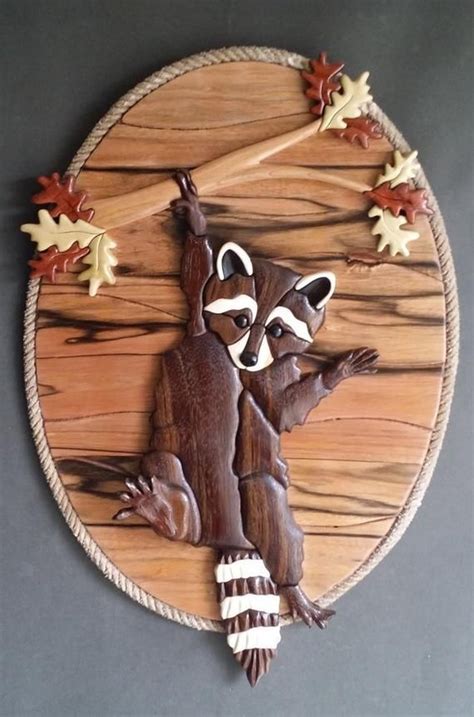 A Raccoon On A Wooden Plaque With Autumn Leaves