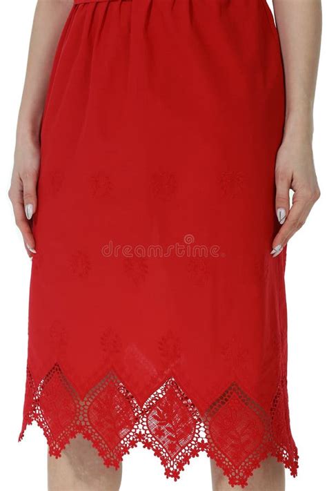 Red Summer Dress Skirt With Laces Fragment On Model Girl Close Up Photo