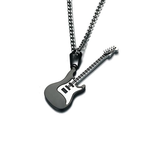 Men S Guitar Music Stainless Steel Necklace Pendant With Chain Black