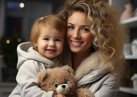 Premium AI Image | blonde haired woman holding baby smiling while teddy ...