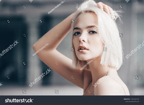 Closeup Portrait Beautiful Blonde Woman Nude Stock Photo