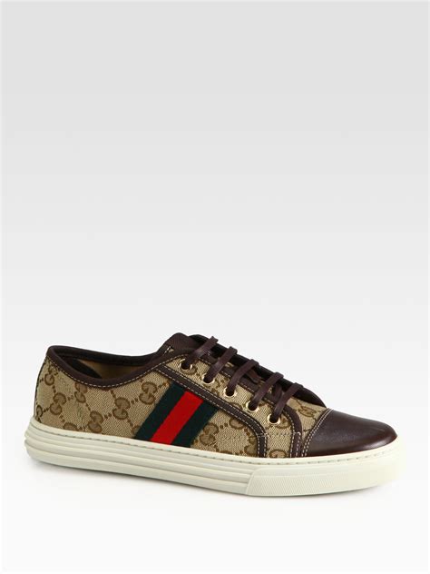 Gucci Gg Canvas Leather Lace Up Sneakers In Natural Light Brown