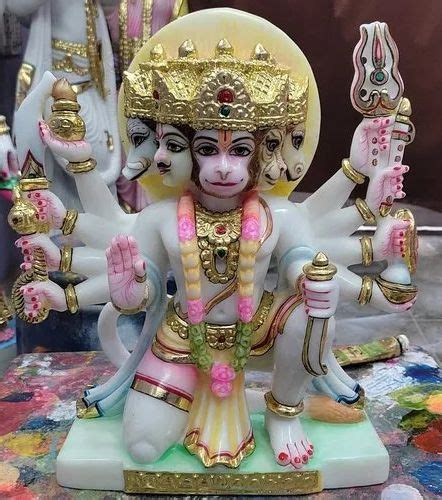 White 12 Inch Marble Panchmukhi Hanuman Statue For Worship Pattern