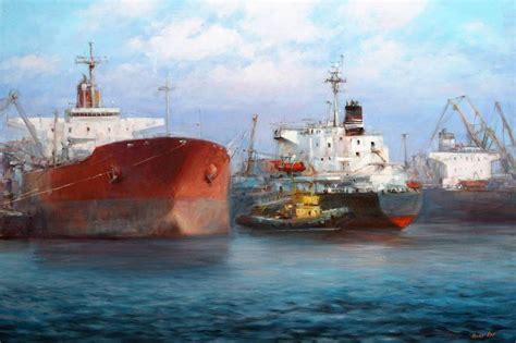 Oil Tanker Ships on the Port. Painting by Roman Ben | Saatchi Art