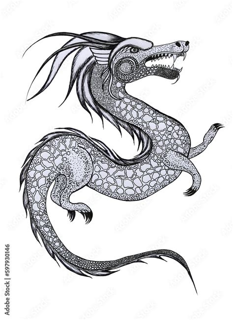 Dragon hand drawn sketch illustration. Black and white image of a ...