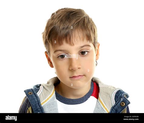 Portrait Of Little Thoughtful Boy Isolated On White Stock Photo Alamy