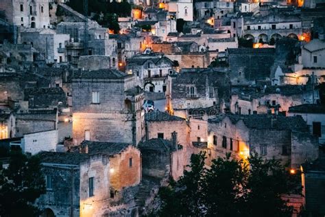 Bei Sonnenuntergang Sassi Di Matera Basilicata Italien Stockfoto