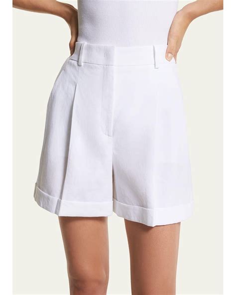 Michael Kors Pleated Cuffed Linen Shorts In White Lyst