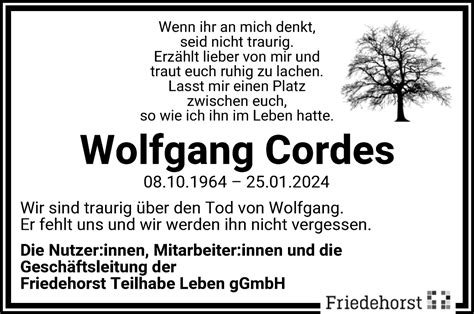 Traueranzeigen Von Wolfgang Cordes Trauer Gedenken