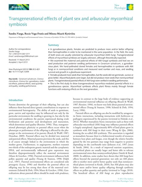 Pdf Transgenerational Effects Of Plant Sex And Arbuscular Mycorrhizal