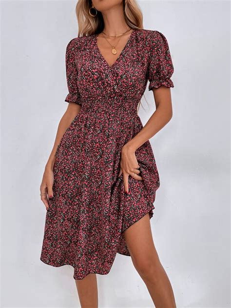 Ditsy Floral Puff Sleeve Shirred Waist Dress Shein Uk