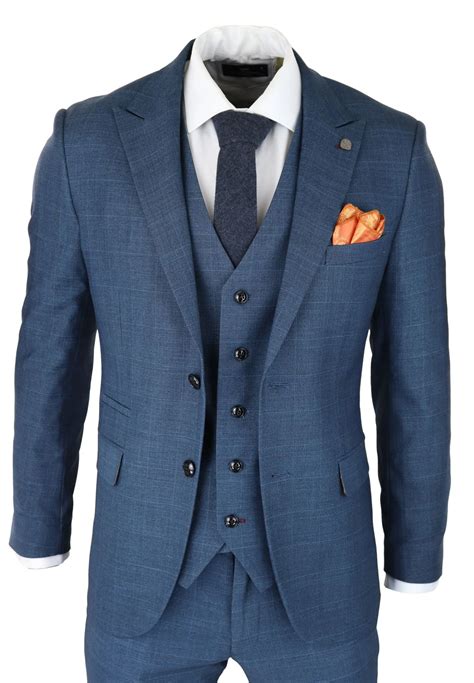 Mens Piece Prince Of Wales Check Suit Blue Classic Light Tailored Fit