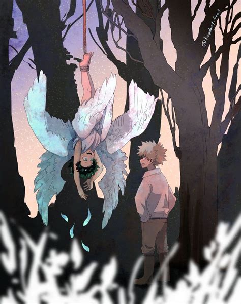 An Anime Character Hanging Upside Down From A Tree With Another Person Standing Next To Him