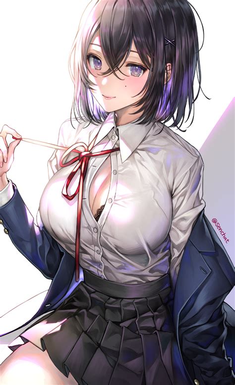 Big Boobs Cleavage Original Characters Dark Hair Short Hair