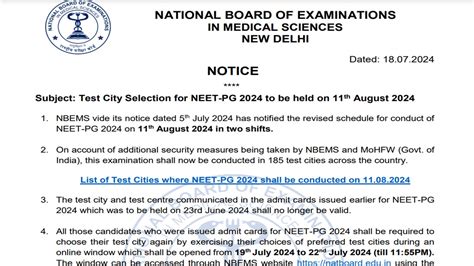 Neet Pg Exam Nbems Announces Test Cities List Check Direct Link