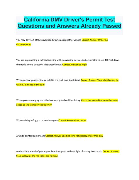 California Dmv Drivers Permit Test Questions And Answers Already