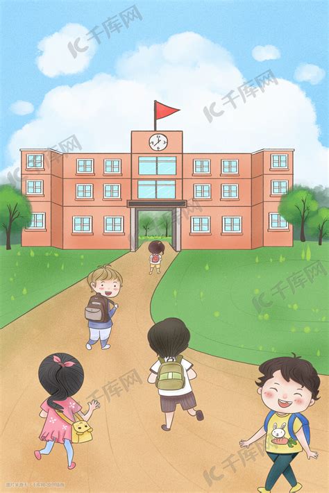 开学一群学生背书包上学卡通手绘插画图片 千库网