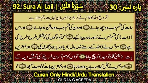 Quran 92 Surah Al Lail Justonly Urdu Translation Fateh Muhammad