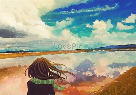 空を見上げている女の子 イラスト素材 無料ダウンロード Lovepik