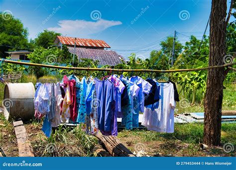 Laundry Drying On A Bamboo Pole Thailand Stock Photo Image Of Thai