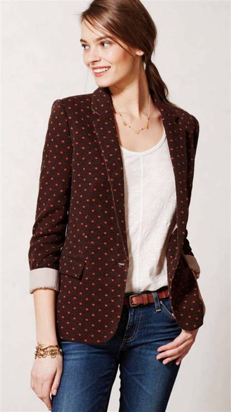 Anthropologie Dotside Blazer M Brown Orange Polka Dots Elbow Patch Cartonnier Cartonnier