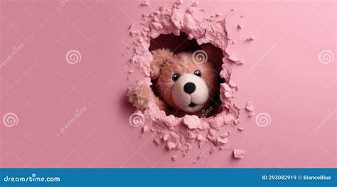 Cute Teddy Bear Peeking Out Of A Hole In Wall Torn Hole Empty Copy Space Frame Mockup