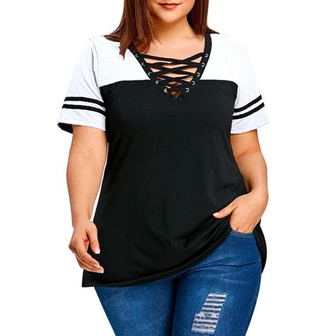 Buy Women Plus Size Flare Sleeve Criss Cross Front T Shirt Patchwork Ruffled