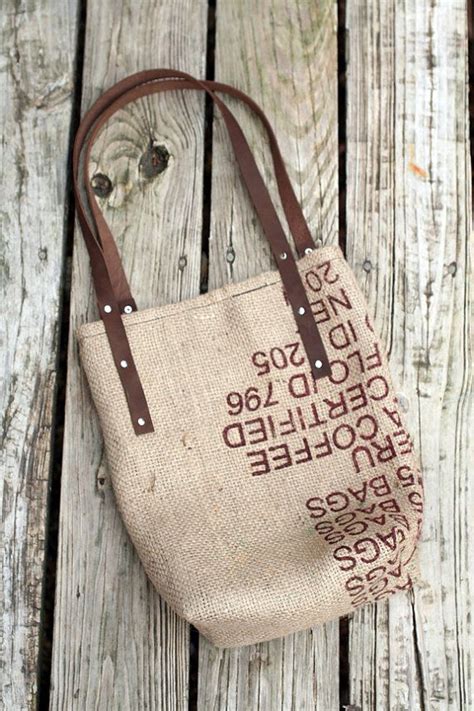 Ready To Ship Recycled Burlap Tote Bag With Leather Handles Etsy Burlap Tote Bags Burlap